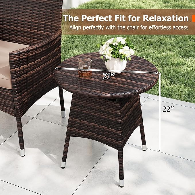 Tangkula 3 Piece Patio Furniture Set, Hand-Woven PE Wicker Conversation Set with Contoured Armchairs, Cushions & Round Coffee Table, Outside Bistro Set for Porch, Backyard, Balcony & Poolside (Beige)