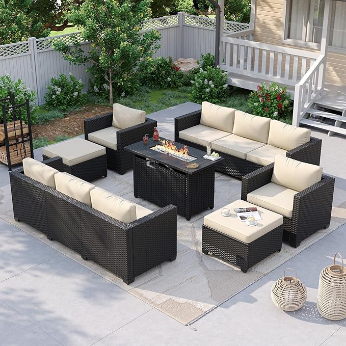 Aoxun 7 Piece Patio Furniture Set with Fire Pit Table, 10 Seats Outdoor Furniture Set with Wicker Ottomans, Rattan Outdoor Sectional Sofa with Thickened Cushion & Waterproof Cover Beige