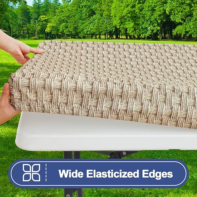 Smiry Picnic Table Cover with Bench Covers, Waterproof Elastic Fitted Tablecloth for 6 Foot Tables, Washable Polyester Tablecloths for Camping, Indoor & Outdoor (Champagne, 30x72 Inch 3-pc Set)