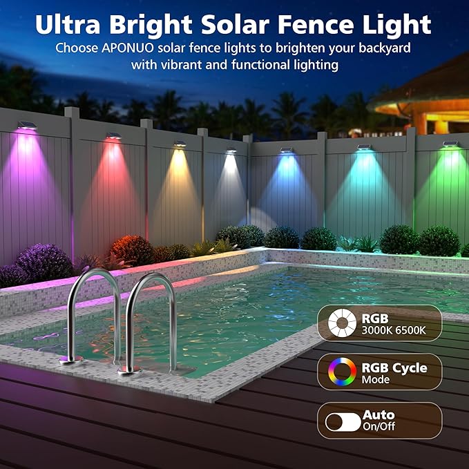 APONUO Solar Fence Lights, IP64 Waterproof, Fence Lights Solar Powered 9 Lighting Color Modes RGB Color Glow LED, Fences Solar Light Outdoor for Backyard, Yard, Wall, Deck, Patio, 12 Pack, White
