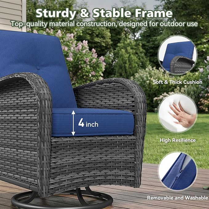 Aoxun 14 Piece Outdoor Patio Furniture Set with 44'' Fire Pit Table, Wicker Rattan Outdoor Furniture with High Back Swivel Rocker Chairs, Outdoor Sofa Set with Thick Cushion & Side Table, Navy Blue