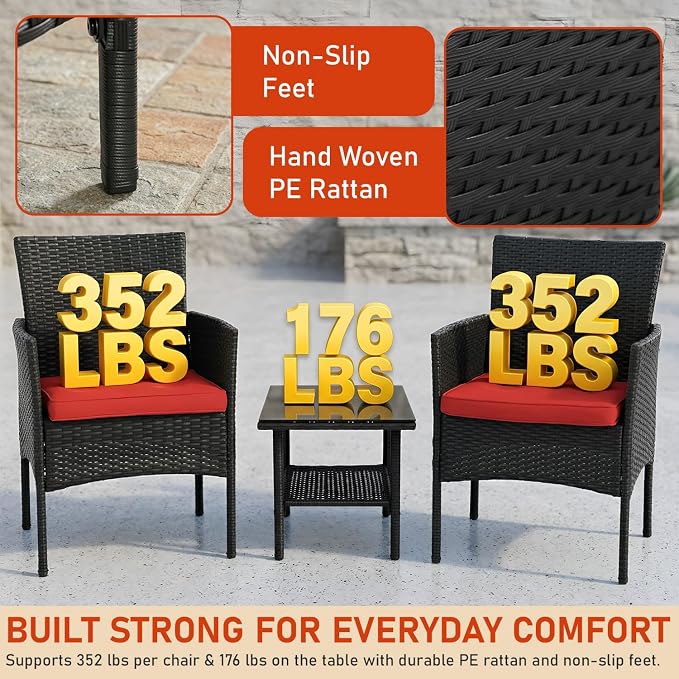 NChanmar 3 Pieces Patio Furniture Outdoor Bistro Set Outdoor&Indoor Conversation Set Coffee Table Chairs Set for 2 with Water-Resistant Cushions for Lawn Yard Garden Porch Balcony and Pool,Red