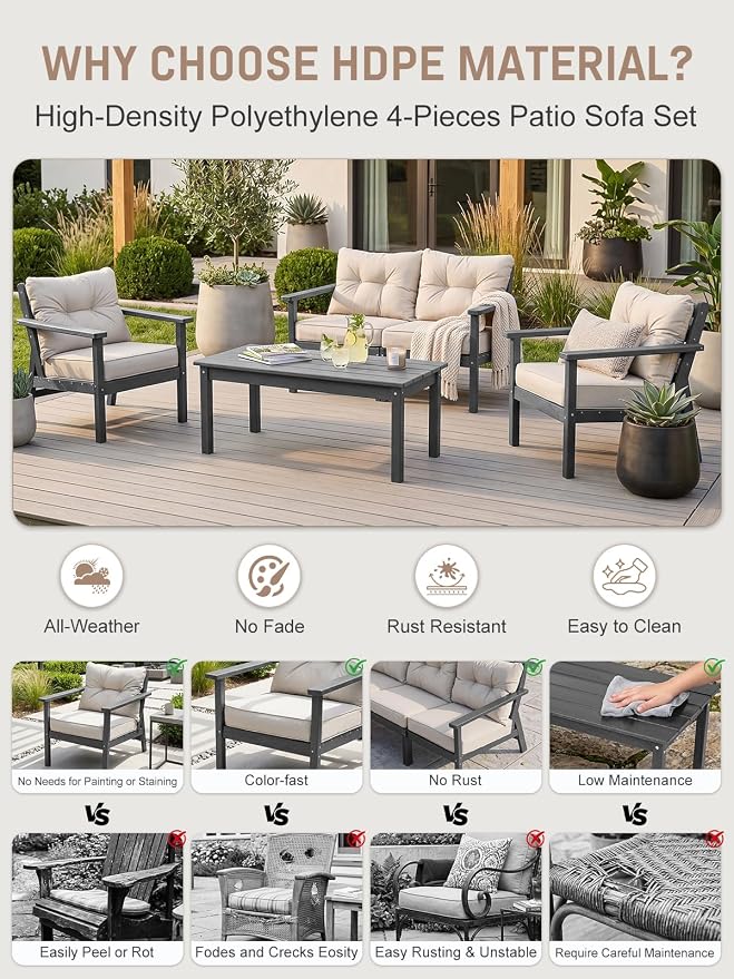 HDPE Patio Conversation Set 4 Seats, Outdoor Furniture Set, Patio Sofa Set | Water-Resistant Thick Cushion, HDPE All Weather, Wood-Grain, No Rot or Rust or Crack, UV Fade Shield, Easy-Clean for Outside