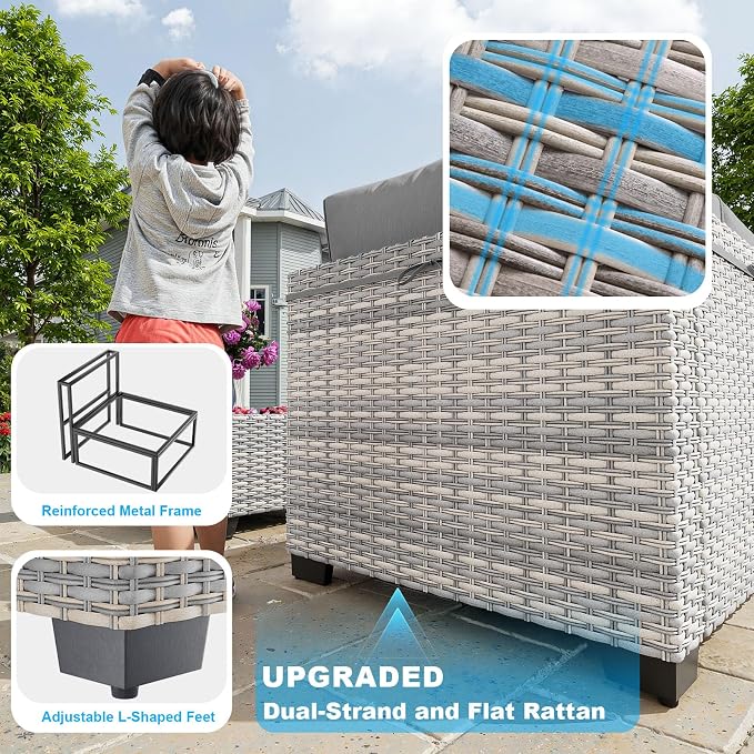 11-Piece Patio Furniture Set, Outdoor Patio Furniture with 55,000 BTU Fire Pit Table, Swivel Chairs Set, Thick Cushions, Modular Patio Sofa, Dual-Strand Wicker Rattan, Rust-Resistant Frame, Grey