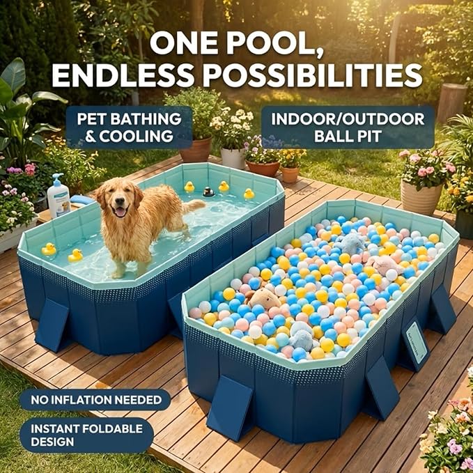 Foldable Pool, Non-Inflatable Swimming Pool for Kids Adults, Extra Large Stable Collapsible Pool Hard Plastic, Portable Folding Kids Dogs Pool for Family Backyard Garden Outdoor, 113"L x 66"W x 21"H