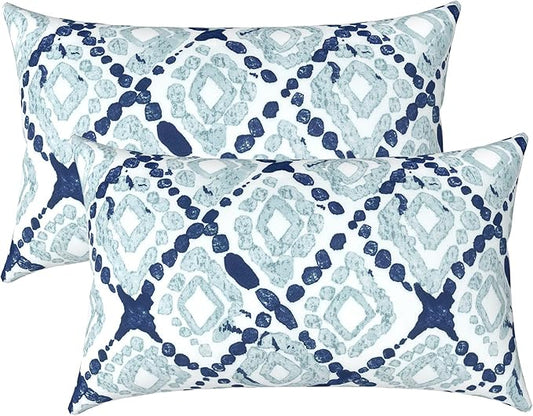 LVTXIII Outdoor/Indoor Lumbar Pillow Case Covers ONLY, 12" x 20" Patio Garden Decorative Lumbar Pillow Covers, Pack of 2 for Outdoor Home Patio Furniture Use - Boho Geometry Blue