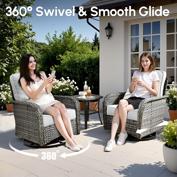 5 PCS Patio Outdoor Furniture Set with Swivel Rocking Chairs,All Weather Wicker Rattan Patio Seating Sofa and Chairs Set,Outdoor Conversaiton Sets for Deck Yard Prrch Garden Poolside,Grey