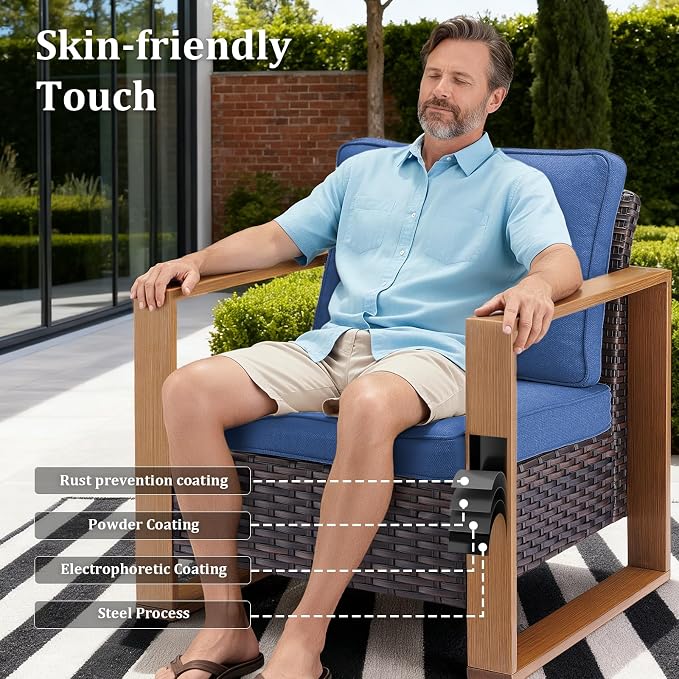 Patio Furniture Set with Fire Pit Table, 6-Piece Outdoor Wicker Sofa and Swivel Chairs, All-Weather Conversation Set for Backyard, Deck and Poolside Blue