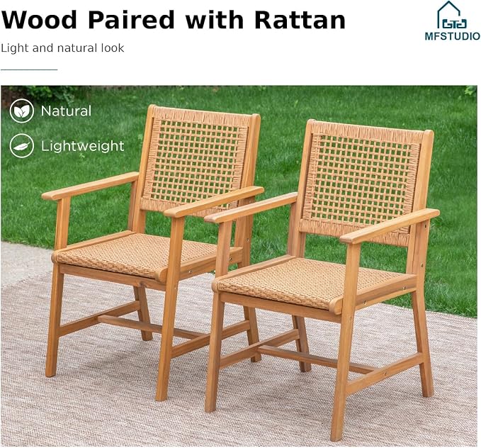 MFSTUDIO Patio Dining Chairs, Set of 2, Acacia Wood & Rattan, Natural Wood | Breathable, Supports 300 lb, For Garden