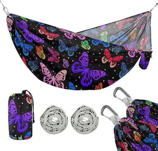 Camping Hammock Outdoor Hammocks for Outside Rainbow Butterfly Black Beach Trees Portable Lightweight with Pockets Tree Straps Indoor