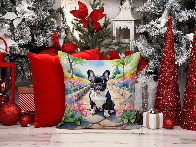 Caroline's Treasures French Bulldog Spring Path Throw Pillow Machine Washable, Indoor Outdoor Decorative Pillow for Couch, Bed or Patio, 14Hx14W