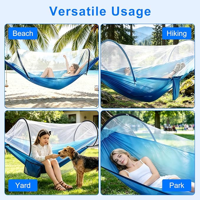 Camping Hammock with Mosquito Net, 3 in 1 Portable Hammock Tent 440lbs Capacity Attached Storage Pocket Single Nylon Hammock Set for Outdoor Travel Camping Hiking Backpacking (RoBlue SkyBlue)