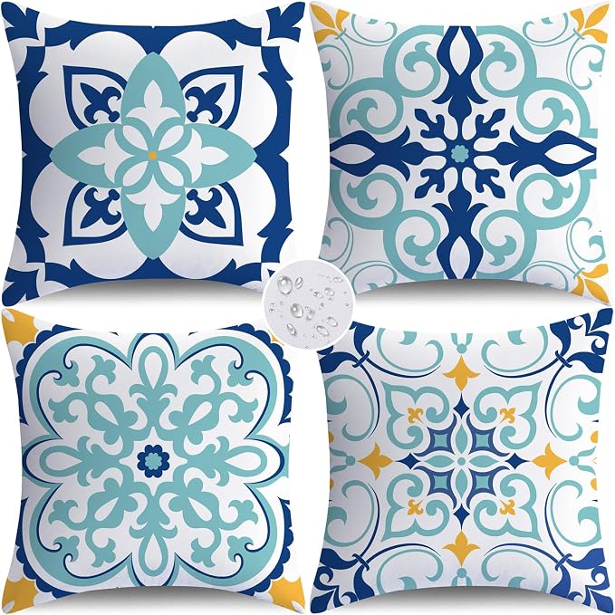 NIGHTWISH Outdoor Waterproof Pillow Covers 18x18 Set of 4 Teal Boho Decorative Throw Pillows Floral Cushion Cases for Patio Furniture Bench Couch Sunbrella