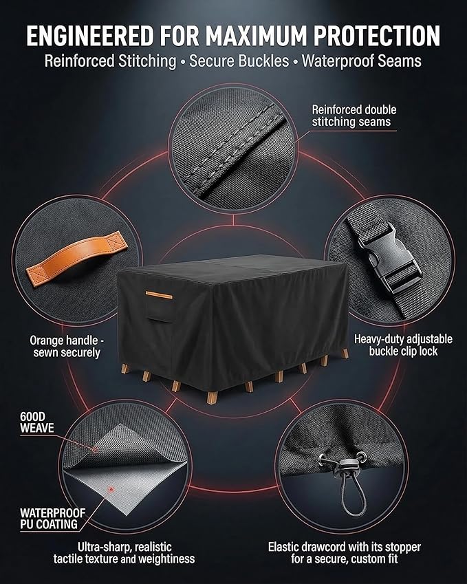Outdoor Patio Furniture Cover Rectangular, Heavy Duty 600D Waterproof Cover for Table & Chair Set, Windproof, UV Resistant, All-Season Protection for Backyard,Deck & Garden,64" L x 52" W x 28" H,Black