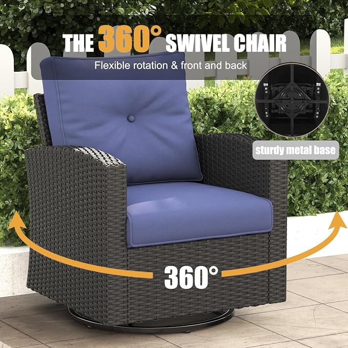 LayinSun 10 Pieces Patio Furniture Set with Fire Pit Table, Black Rattan Modular Sectional Outdoor Conversation Sofa Set, Swivel Rocking Chairs Set