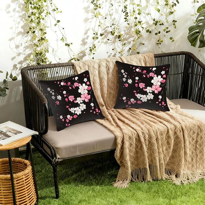 20x20 Inch Outdoor Pillow Covers Set of 2 Waterproof Throw Pillow Covers Decorative Couch Cushion Covers Cherry Blossom Pattern Square Pillowcases Protectors for Patio Garden Sofa