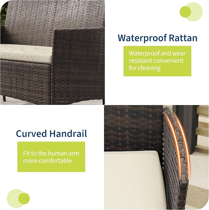 4 Piece Patio Furniture Set, Outdoor Deck Rattan Chair Wicker Combo Furniture, All Weather Dialogue Rattan Sofa with Upholstery and Glass Table for Garden, Backyard, Porch, Lawn, Pool, Brown+White