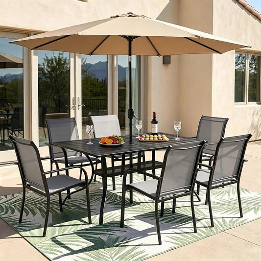 Crownland 7-Piece Patio Dining Set - 6 Textilene Metal Chairs & Rectangular Outdoor Dining Table with Khaki 9FT Round Outdoor Umbrella (Grey)