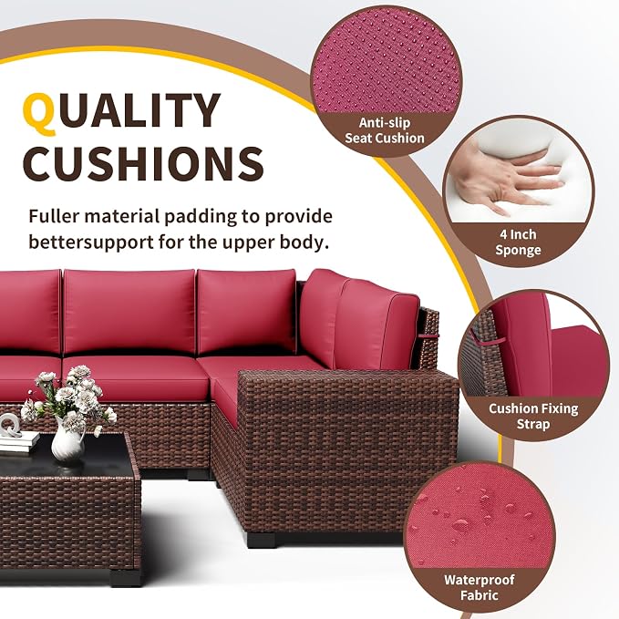 Outdoor Patio Furniture Set, 8‘’ Wide armrest Outdoor Sectional Rattan Sofa Set, Wicker Patio Furniture Sets w/Coffee Table,Thick Cushions for and Cover for Porch,Deck,8 PCS (Brown&Wine)