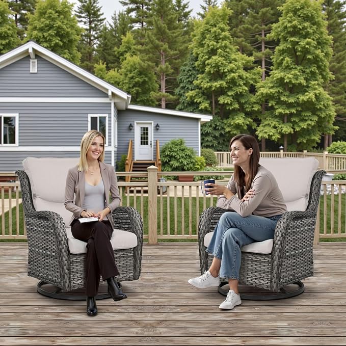 Outdoor Swivel Rocker Patio Chairs Set of 4 with Ottoman Coffee Table - 5" Thick Cushion 8 Piece Furniture Set All Weather Comfortable Wicker Conversation Set for Porch Deck - Gray/Beige