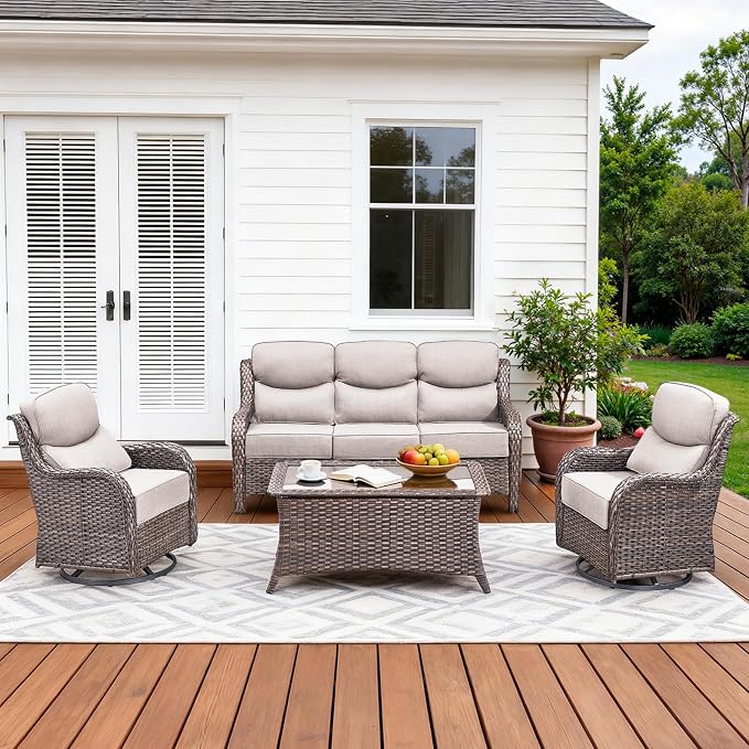 Luxury High Back Patio Furniture Set with 6-Inch Thick Cushions, 4-Pieces Outdoor Furniture with Swivel Chairs, Wicker Conversation Set for Porch, Balcony, Deck and Yard, Brown/Beige