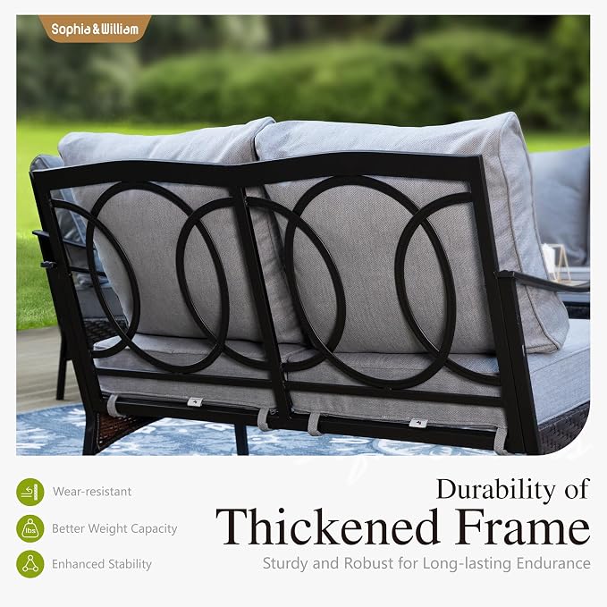 Sophia & William Patio Furniture Set with 56" Fire Pit Table, Metal Outdoor Conversation Set Patio Sectional with 3-Seater Sofas, 2 Fixed Chairs, 2 Ottomans, 1 Firepit Table for Porch Deck, Grey