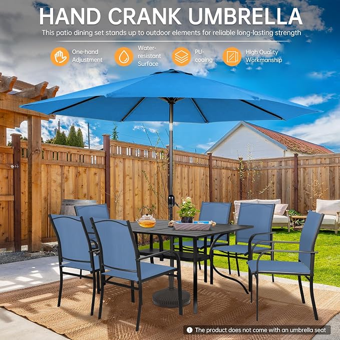 SUNCROWN 8 - Piece Outdoor Dining Set, Patio Furniture Set with 6 Textilene Dinning Chairs, 1 Rectangle Metal Table and 1 Sky Blue 9Ft Patio Umbrella for Lawn Garden Backyard Deck, Blue