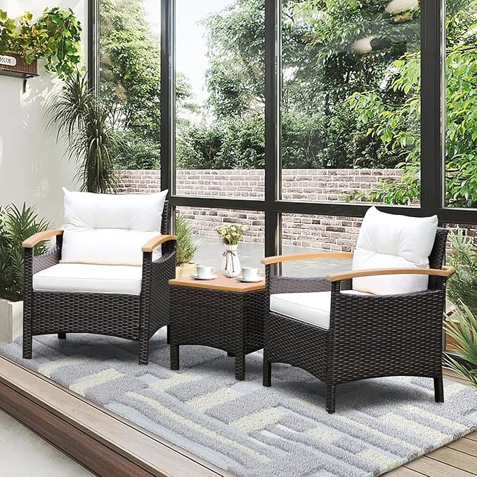 Tangkula 3-Piece Patio Furniture Set, Patiojoy Outdoor Rattan Sofa Set with Coffee Table, Patio Conversation Set with Removable Cushion, Cozy Acacia Wood Armrests for Backyard, Poolside (Off White)