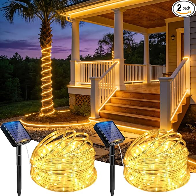 Solar Rope Lights, 2 Pack 33FT 100 LED Solar Fairy Lights with 8 Lighting Modes, IP65 Waterproof Strip Light Outdoor for Garden Yard Patio Deck Fence Tree Party Holiday Decoration, Warm White