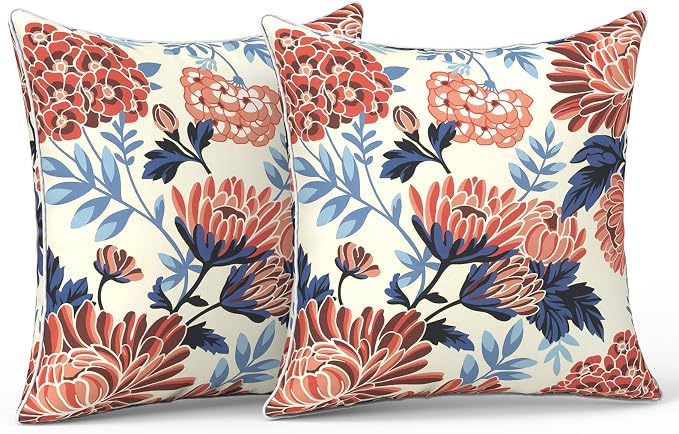 LVTXIII Outdoor Throw Pillows 18x18 Patio Waterproof Square Pillows with Piping Fade Resistant Accent Pillow for Spring Summer Garden Decoration, Set of 2, Red Chrysanthemum