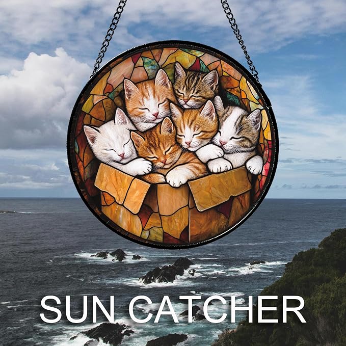 Stained Glass Window Hanging 6 Cute Kittens Large 15" - Cat Gift Suncatcher Door Sun Catcher Decor Birthday Christmas for Lost Pets Mom Men Woman Friend