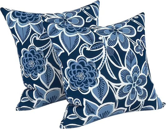 LVTXIII Outdoor/Indoor Throw Pillows, Decorative Throw Pillows with Inserts, 18"x18" Square Pillows for Bed, Couch, Sofa and Patio Furniture, Set of 2, Flower Navy