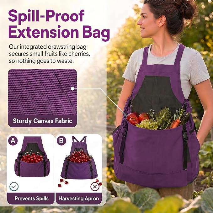 Gardening Apron with Pockets, Heavy Duty Canvas Harvest Apron | Front kangaroo-style pouch with bottom release for easy unloading, Cross-back fit, Canvas with Oxford lining