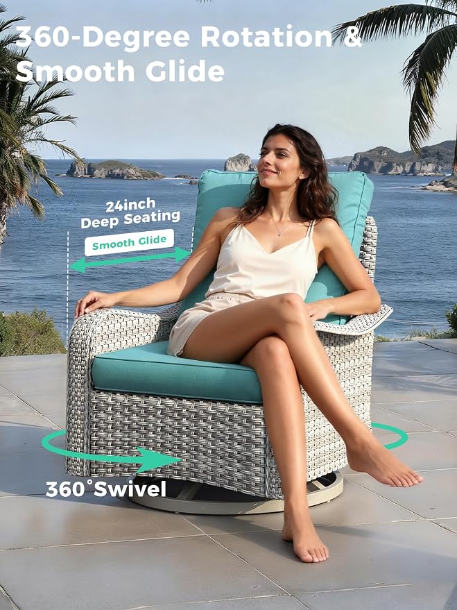 9 Piece Outdoor Patio Furniture Set with Swivel Chairs, 7-Seats Wicker Sectional Sofa Set with Thickened Cushions & Coffee Table for Garden, Backyard, Porch, Turquoise