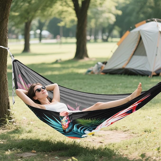 FRMG Flamingo Tropical Flowers Camping Hammock 500 lbs Capacity Portable Hammocks with Tree Straps & Attached Carry Bag, Camping Essentials Gear A0900560a