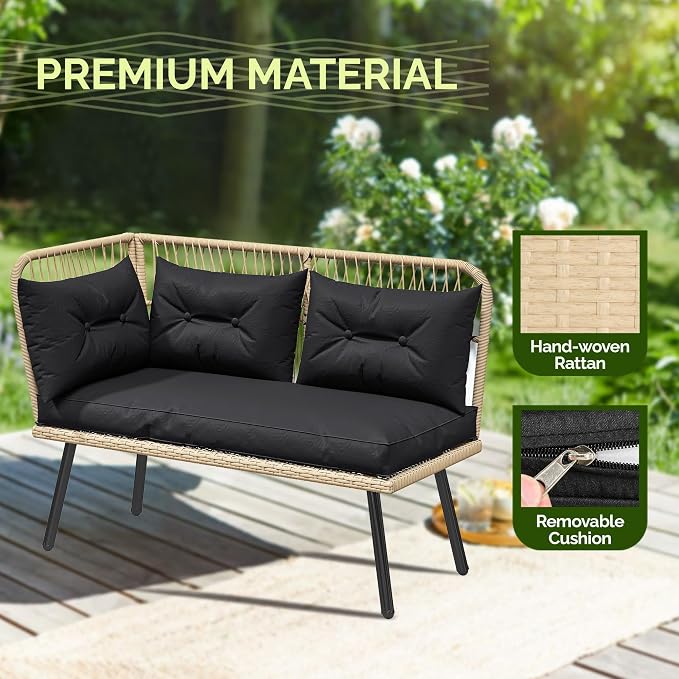 YITAHOME L-Shaped Patio Furniture Set, All-Weather Rattan Outdoor Conversation Sofa with Soft Cushions, Ottomans & Plastic Wood Dining Table for Backyard Deck, Light Brown + Black