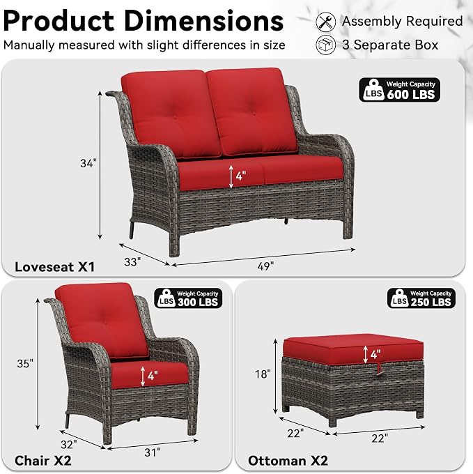 5 Piece Outdoor Wicker Patio Furniture Set, Patio Chairs Set with Thickened Olefin Cushions, High Back and Deep Seating, Hand-Woven PE Rattan, Ottoman for Porch, Deck