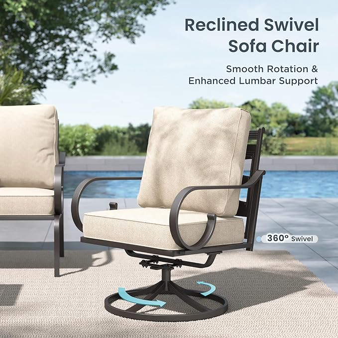 PHI VILLA Patio Furniture Set, 3-Seater Sofa, 4 Swivel Chairs and a Coffee Table, Outdoor Metal Conversation Set with 5.75" Extra Thick Cushion for Garden Backyard Deck, Beige