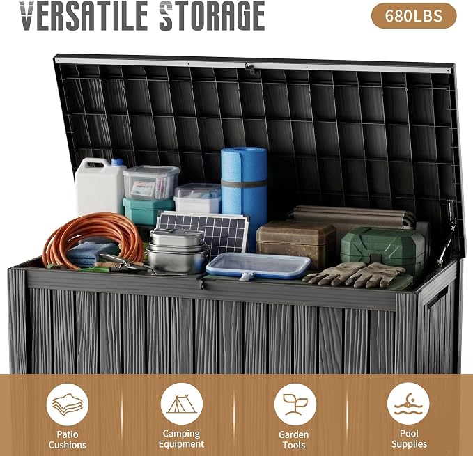 Vixzen 200 Gallon Deck Boxes Outdoor Waterproof, Large Resin Lockable Storage Box with lid for Patio Furniture Cushions, Weatherproof Outdoor Storage Boxes for Garden Tools & Pool Accessories(Black)