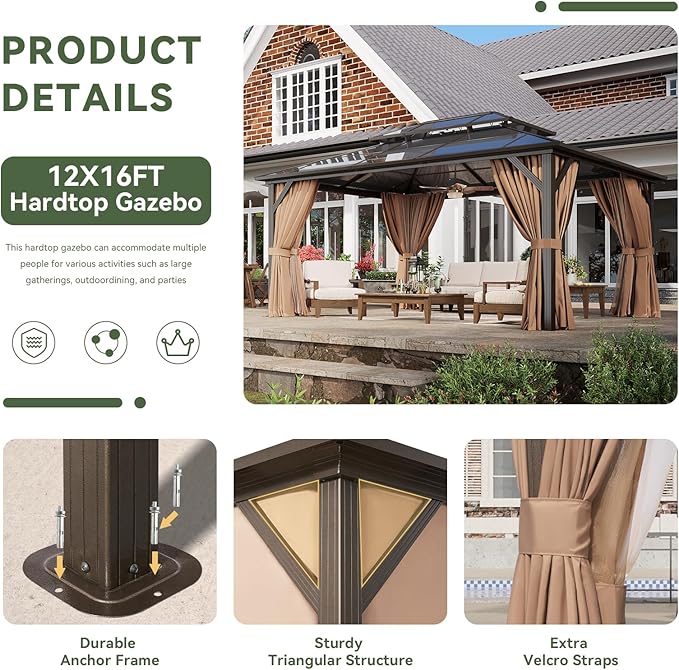 Aoxun 12'x16' Hardtop Gazebo, Outdoor Metal Gazebo with Double Polycarbonate Roof Canopy, Permanent Pavilion with Netting and Curtains for Lawn, Garden, Patio (Khaki)