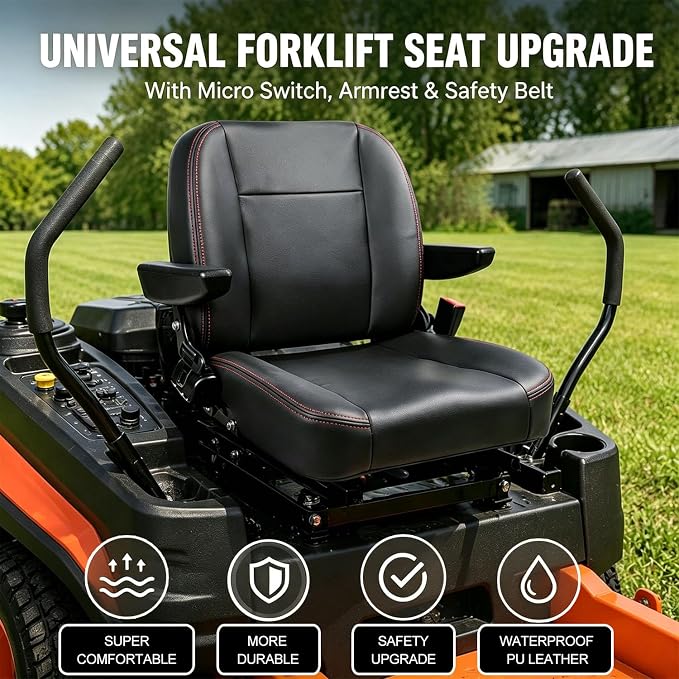 Universal Forklift Seat Replacement,Zero Turn Mower Tractor Seat with Micro Switch-Armrest & Safety Belt,Waterproof PU Leather Seat Fit for Ariens,Snapper,Lawn Mower,Skid Loader,Excavator