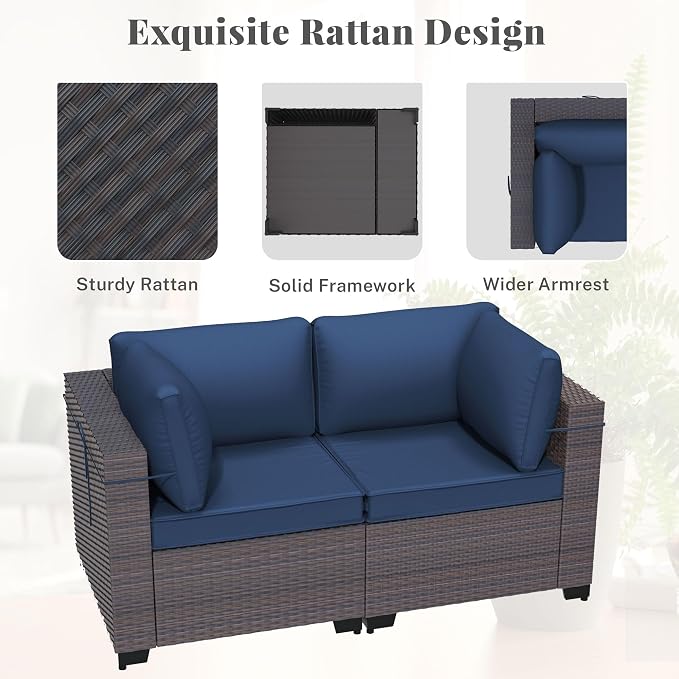 Patio Furniture Set 7 Pieces Outdoor Sectional Sofa Set,All Weather Wicker Patio Sofa PE Rattan Patio Conversation Set w/Cushions and Glass Coffee Table,NavyBlue