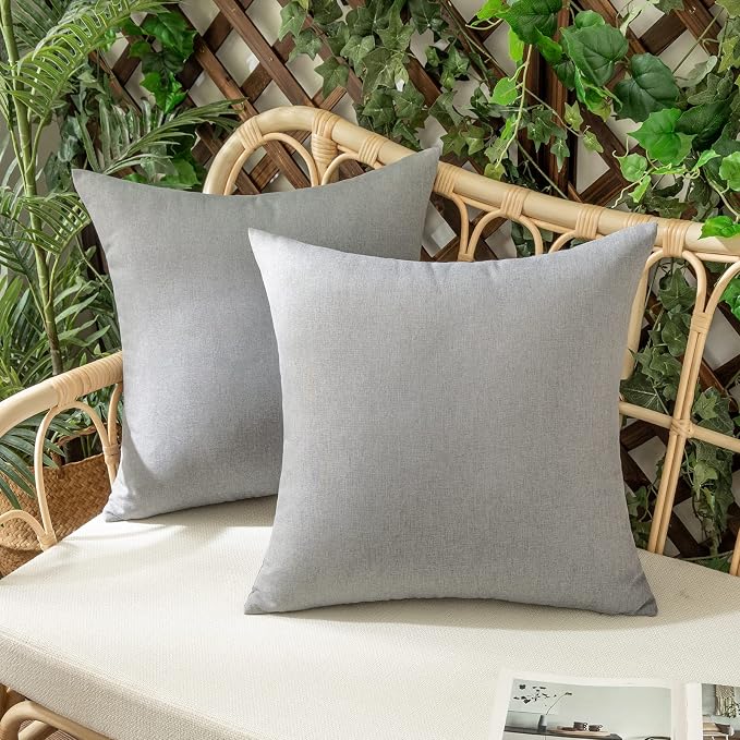 Outdoor Waterproof Throw Pillow Covers Light Grey 16x16 Set of 2 | Decorative Farmhouse Linen Pillowcases Solid Cushion Cases for Patio Tent Balcony Couch Sofa Living Room