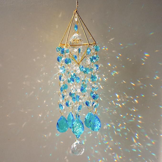 21.5'' Crystal Prisms Suncatchers for Window Hanging Rainbow Sun Catcher | Gold-Plated,Blue Dreams,Crystal Wind Chime,Sun Catcher With Crystals,Indoor Outdoor Decoration,Whimsical Decor,Gift For Women