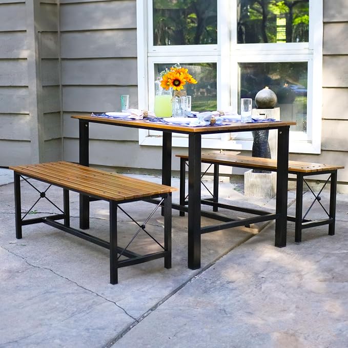 Sunnydaze Indoor or Outdoor 3-Piece Dining Table Set - European Chestnut Patio Dining Table with Benches - 47.25-Inch x 15.25-Inch