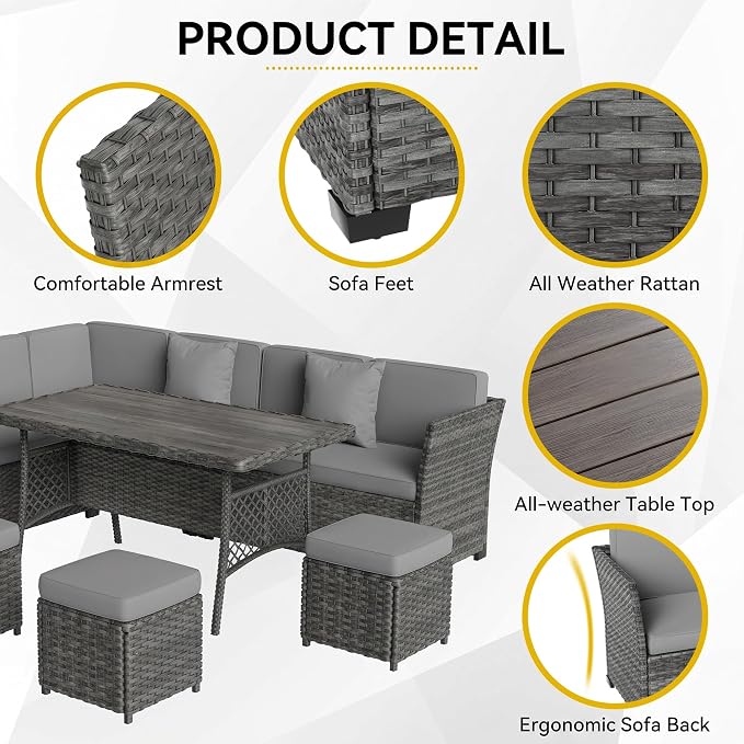 Patio Furniture Set, 7 Pieces Outdoor Dining Sets, All Weather Rattan Conversation Set, Outdoor Dining Sectional Sofa with Large Dining Table, Ottoman (Grey-Light Grey, A-7 Pieces)
