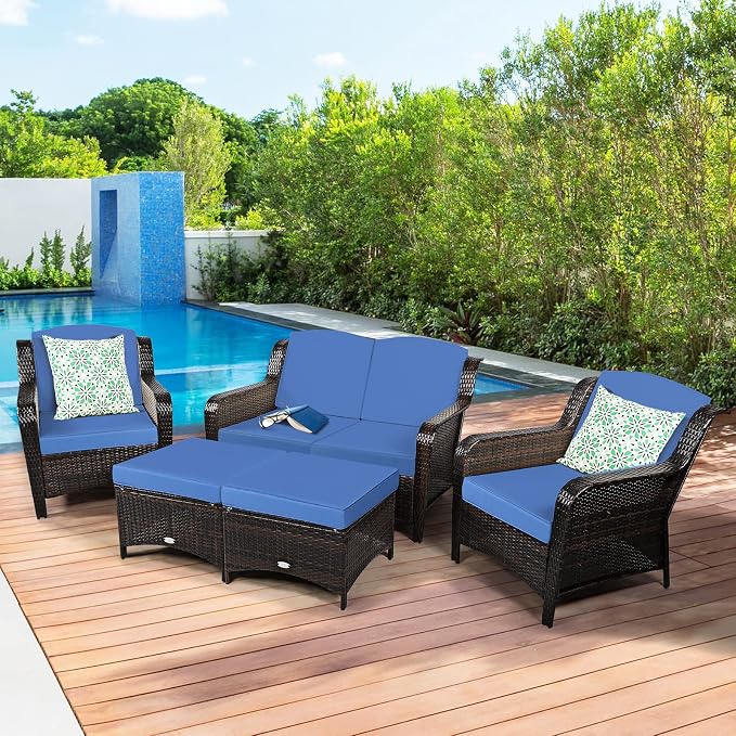 COSTWAY 5PCS Patio Wicker Rattan Furniture Set, Loveseat Sofa with Ottomans and Cushioned Chairs, Conversation Sets for Outdoor Garden Backyard