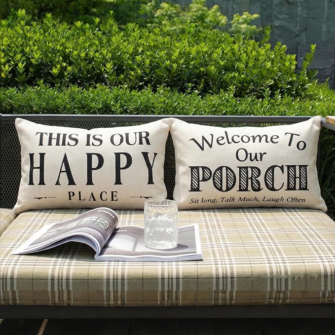 JOJOGOGO Welcome to Our Porch Outdoor Lumbar Pillow Covers Waterproof 12x20 Set of 2, Decorative Outdoor Lumbar Pillows 12 x 20, Front Porch Decor Patio Furniture Pillows (This is Our Happy Place)