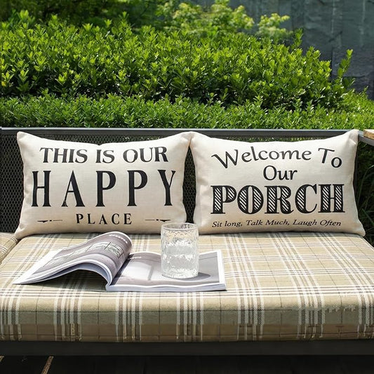 JOJOGOGO Welcome to Our Porch Outdoor Lumbar Pillow Covers Waterproof 12x20 Set of 2, Decorative Outdoor Lumbar Pillows 12 x 20, Front Porch Decor Patio Furniture Pillows (This is Our Happy Place)
