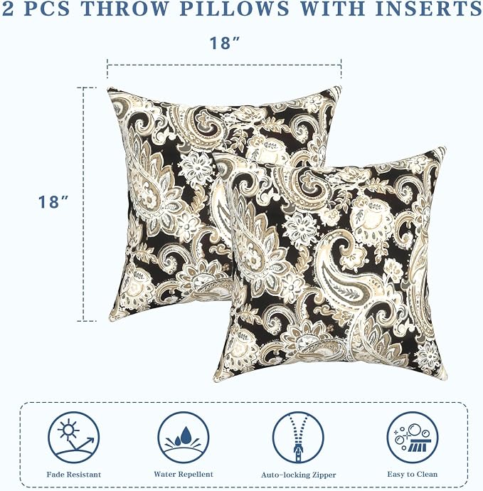 LVTXIII Outdoor/Indoor Throw Pillows, Decorative Throw Pillows with Inserts, 18"x18" Square Pillows for Bed, Couch, Sofa and Patio Furniture, Set of 2, Paisley Black